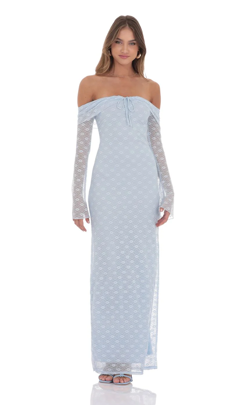 Lace Off Shoulder Maxi Dress in Light Blue - luluinthesky