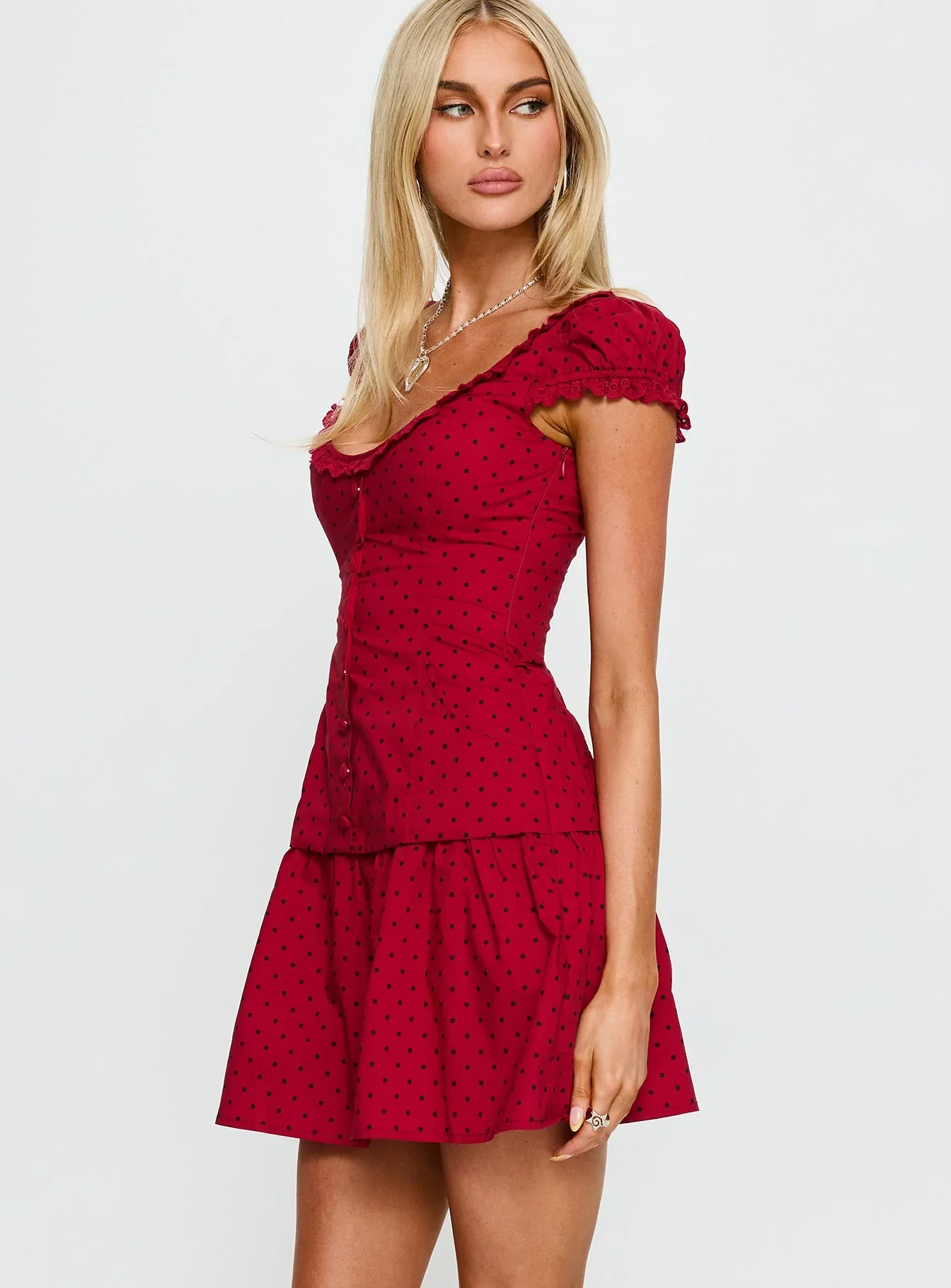 Ottillie Lace Trim Button Down Mini Dress Red Polka Dot - luluinthesky