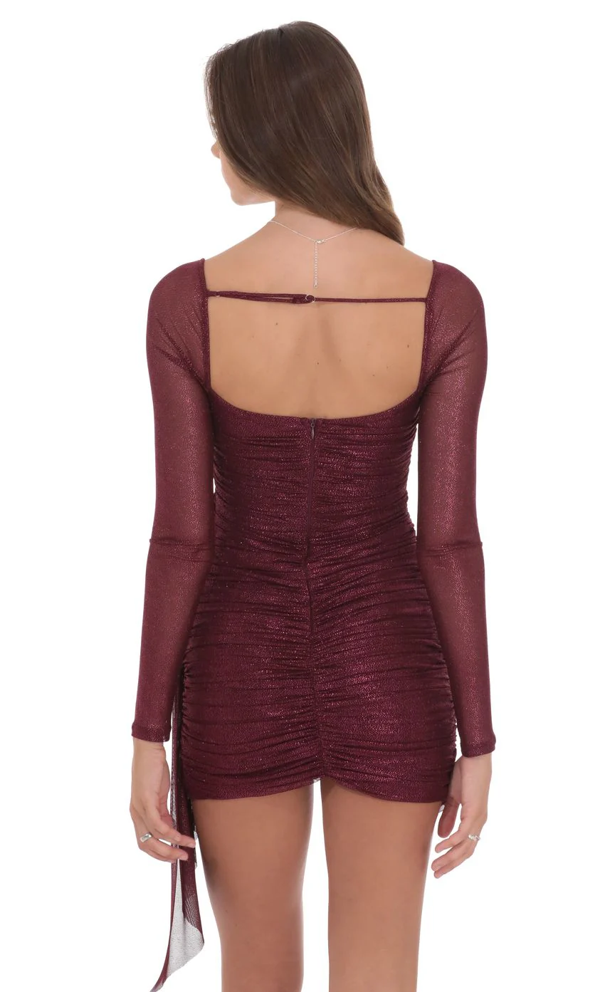 Foil Mesh Long Sleeve Tassel Dress in Burgundy - luluinthesky