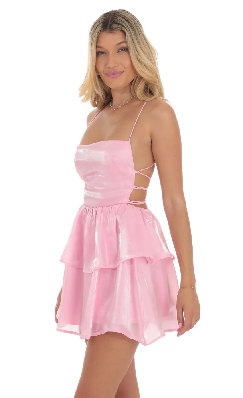 Shimmer Lace Up Dress in Pink - luluinthesky