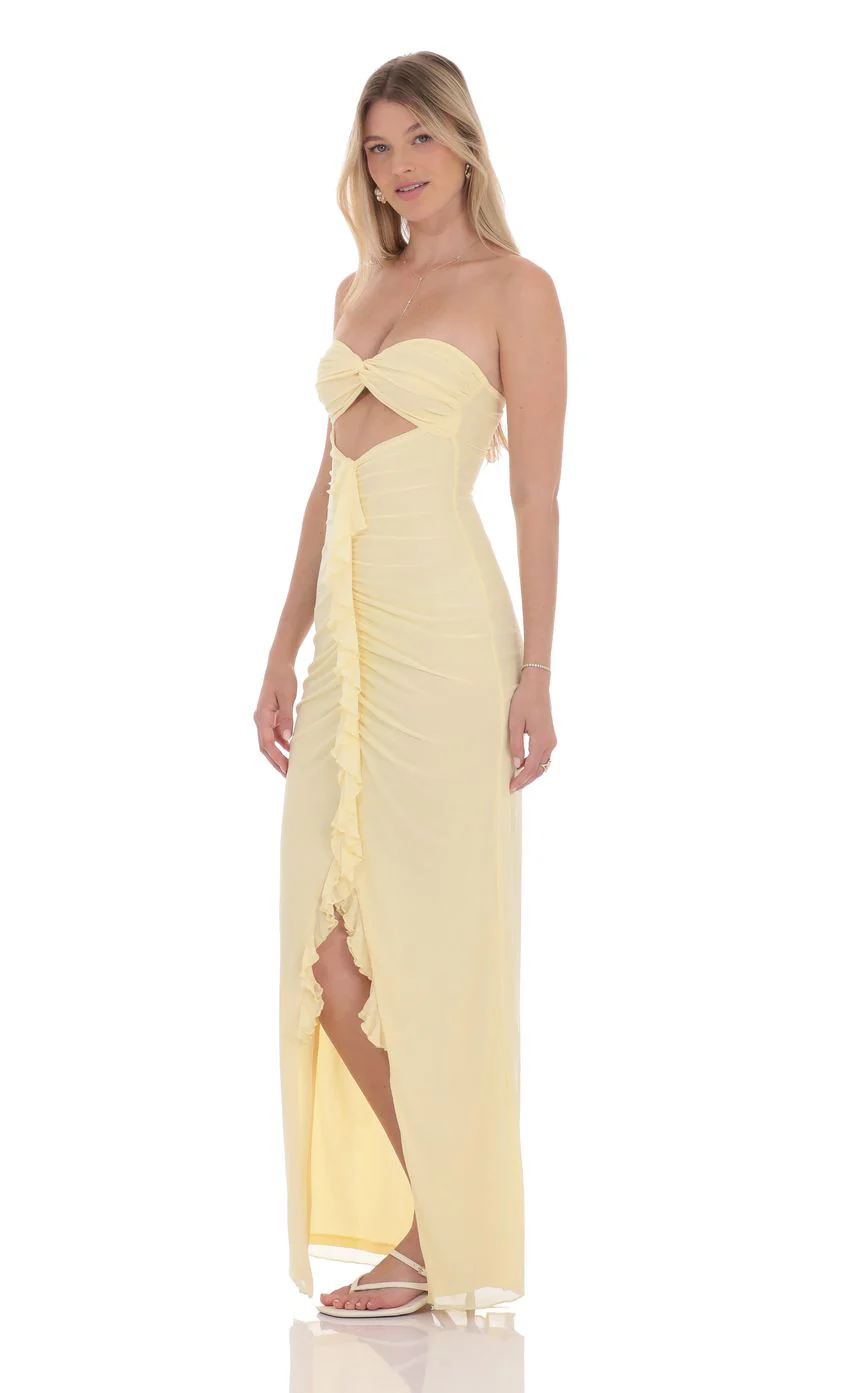 Mesh Cutout Ruffle Maxi Dress in Yellow - luluinthesky