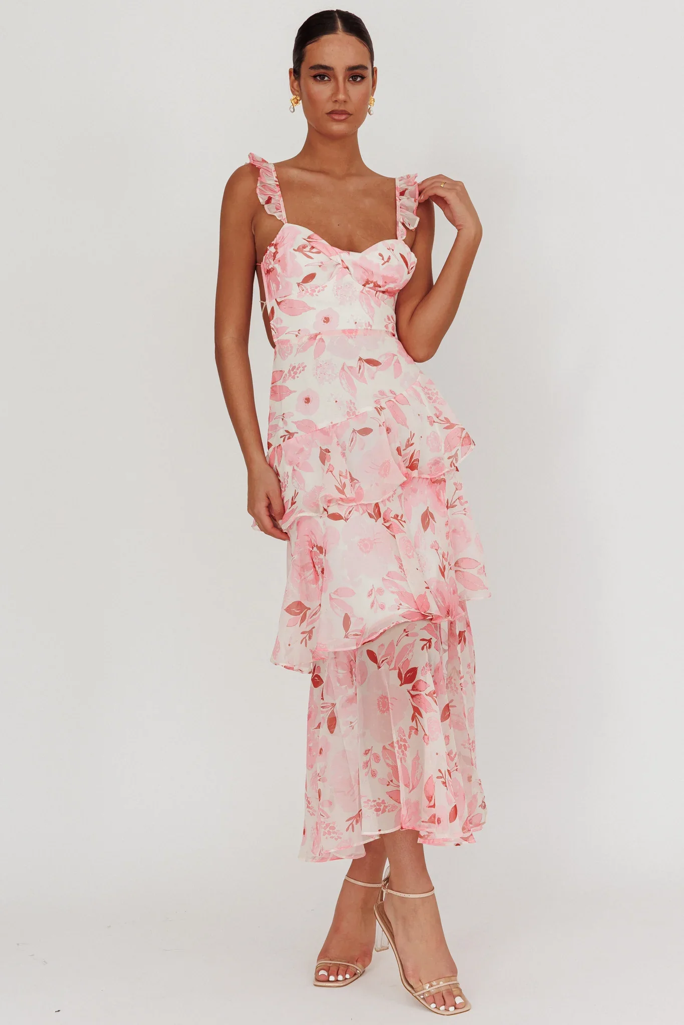 Veda Strappy Back Ruffle Maxi Dress Flowers Blush - luluinthesky