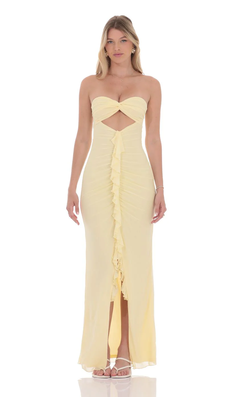 Mesh Cutout Ruffle Maxi Dress in Yellow - luluinthesky
