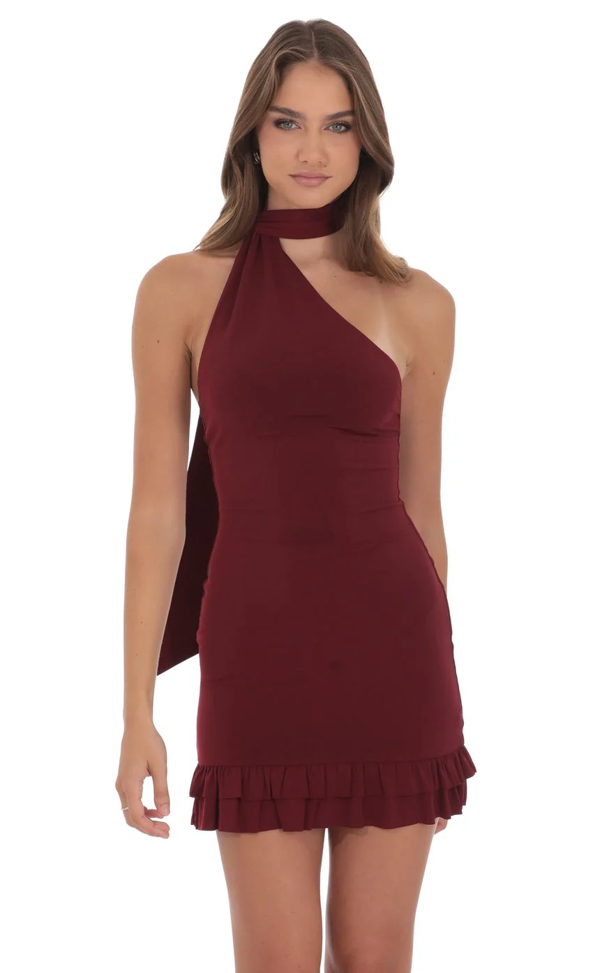 Scarf Halter Ruffle Dress in Burgundy - luluinthesky
