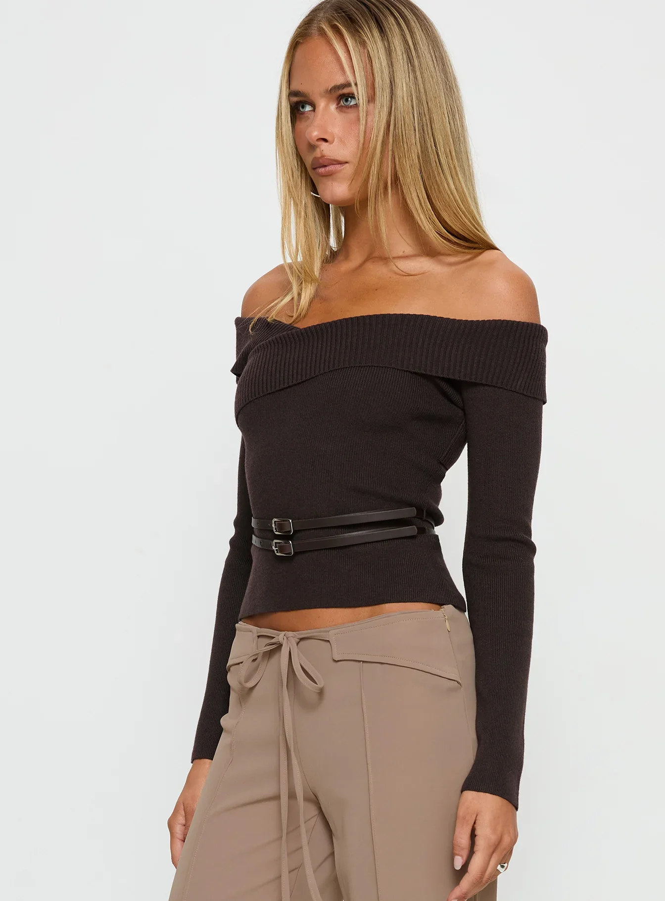 Ellenore Belt Detail Off Shoulder Top Brown - luluinthesky