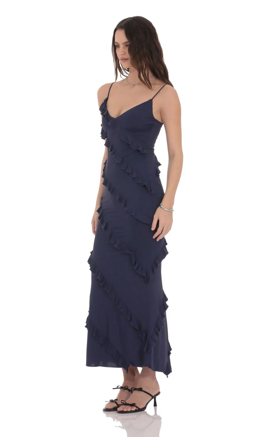 Ruffle V-Neck Maxi Dress in Navy - luluinthesky
