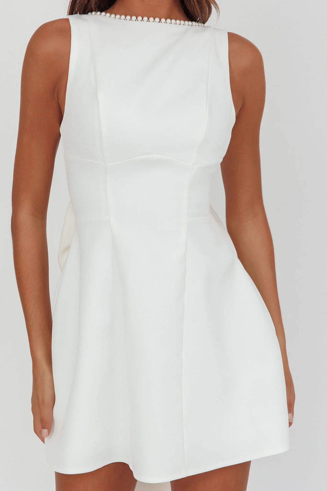 Opulent Pearl Trim Oversized Bow Mini Dress White - luluinthesky