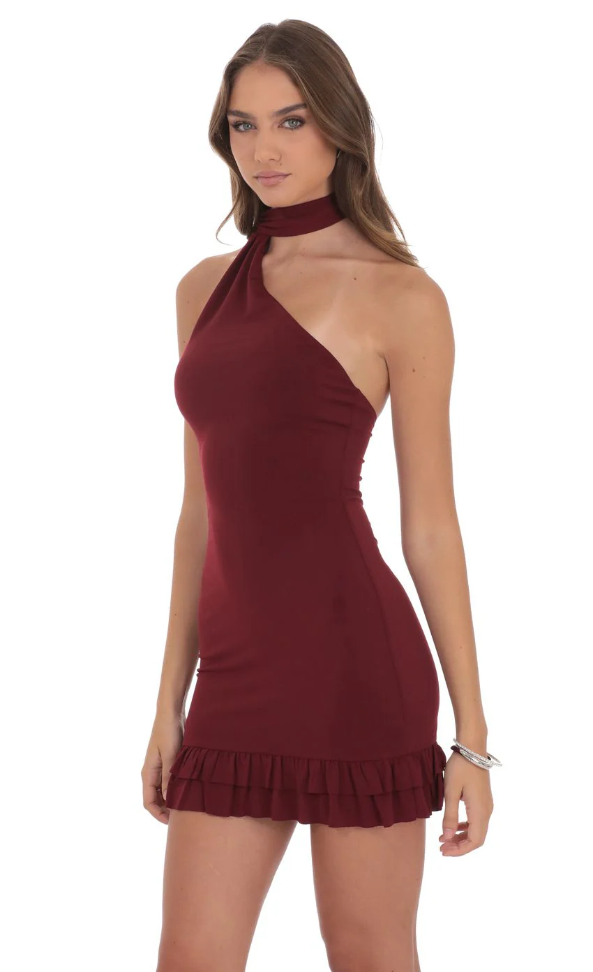Scarf Halter Ruffle Dress in Burgundy - luluinthesky