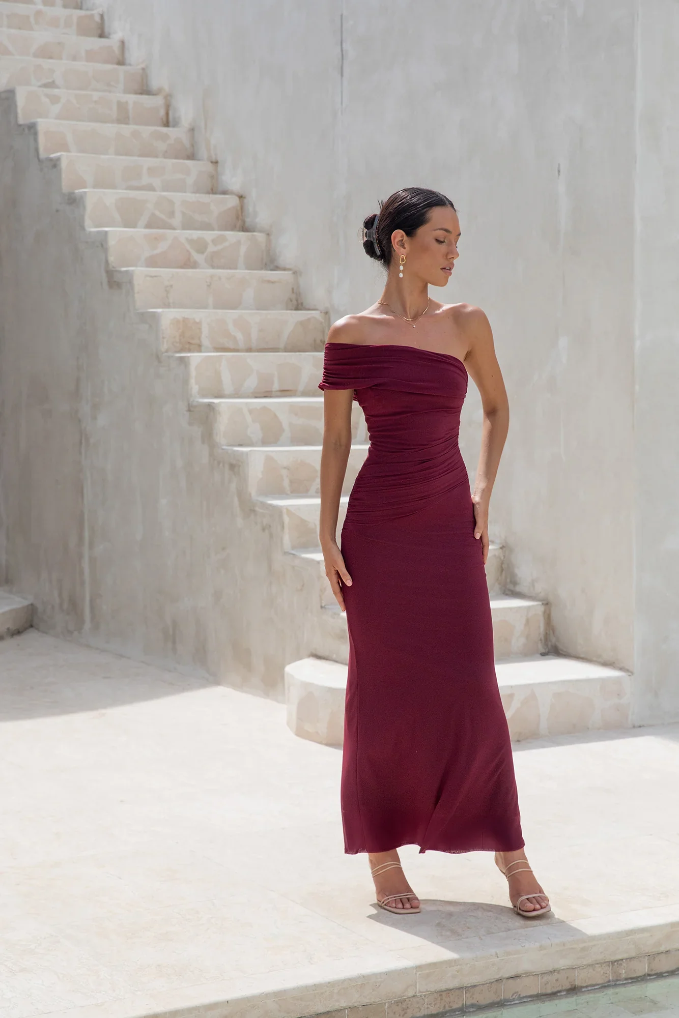 Dahlia One Shoulder Mesh Maxi Dress Maroon - luluinthesky