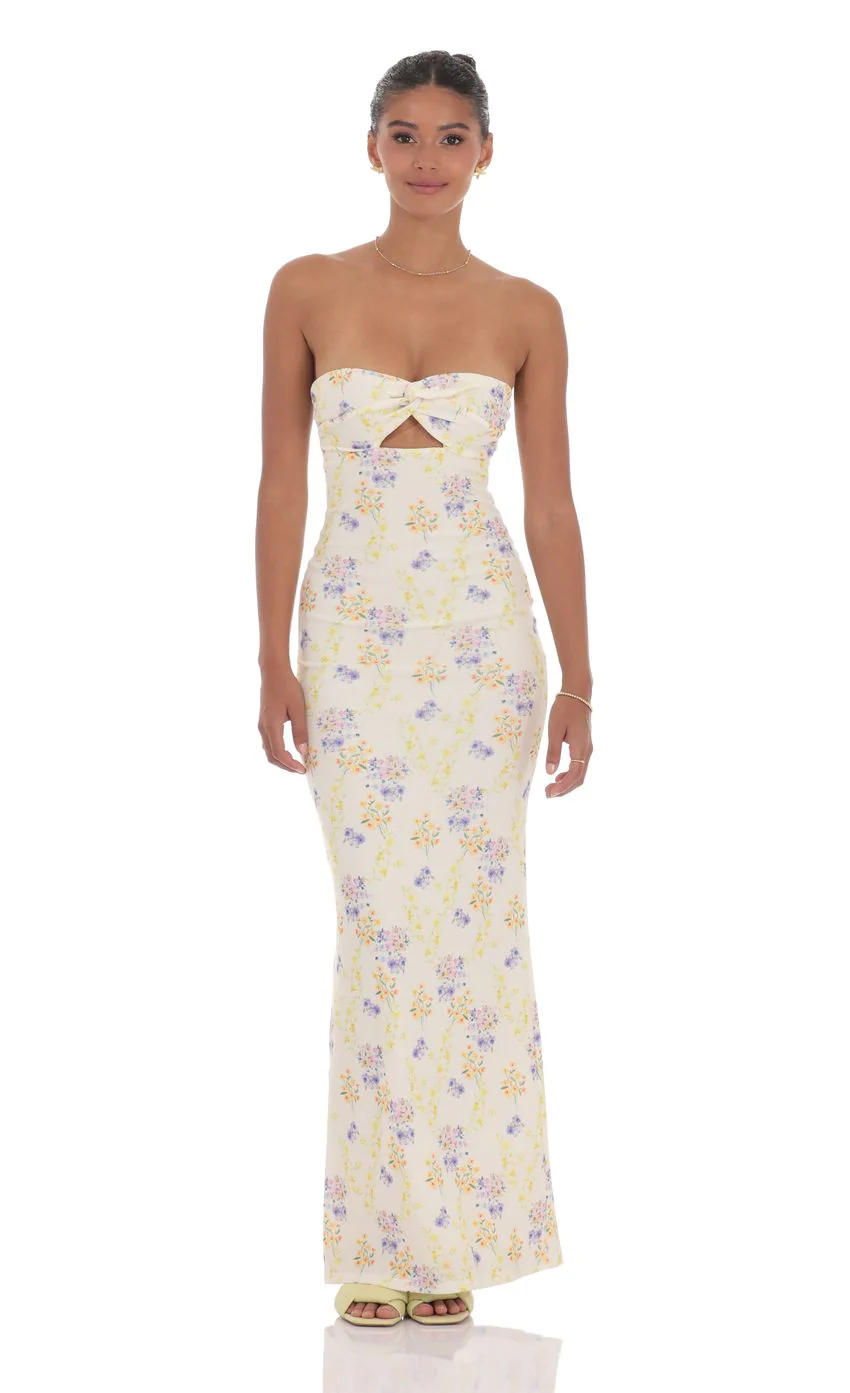 Floral Ribbed Cutout Twist Maxi Dress in Yellow - luluinthesky