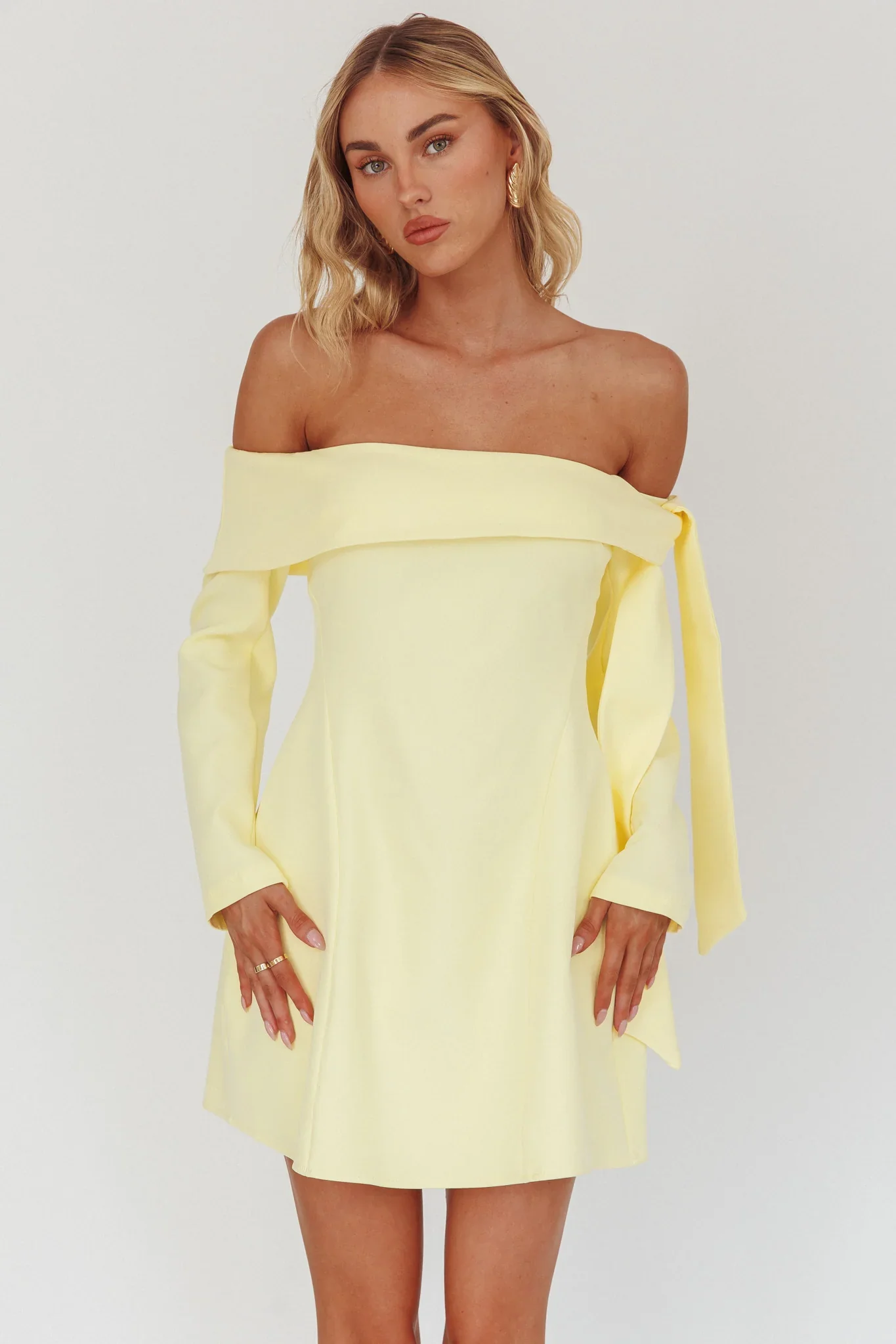 Aurora Sky Off-Shoulder Tie Mini Dress Lemon - luluinthesky
