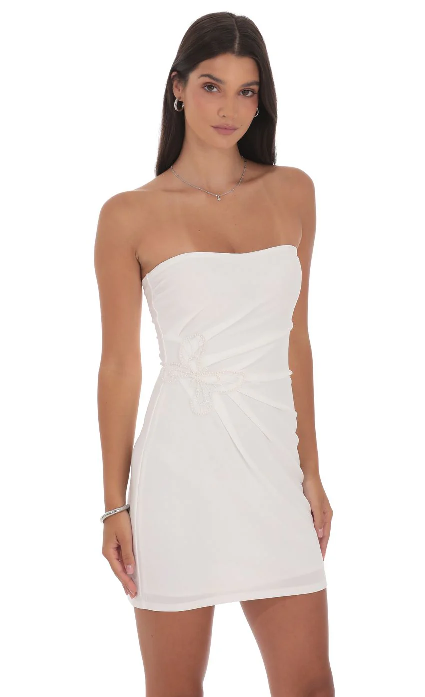 Pearl Butterfly Strapless Dress in White - luluinthesky