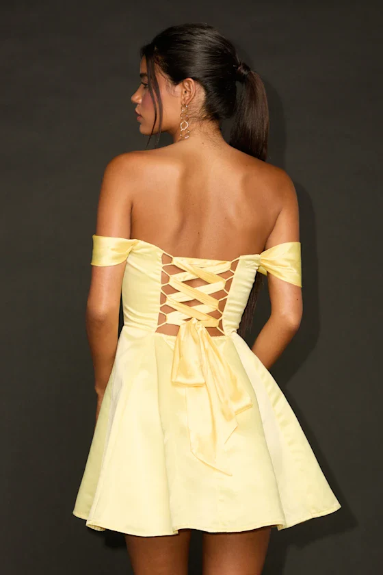 Rhylee Light Yellow Satin Lace-Up Off-the-Shoulder Mini Dress - luluinthesky