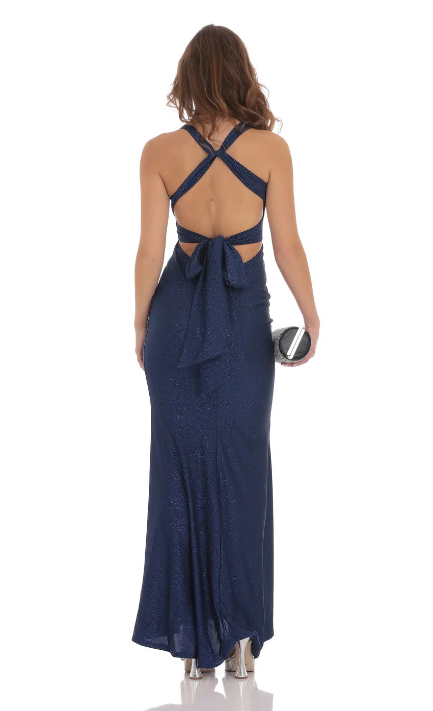 Glitter Twist V-Neck Maxi Dress in Navy - luluinthesky
