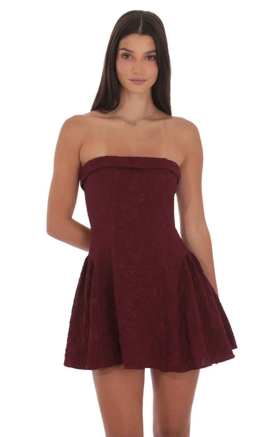 Jacquard Strapless Flare Dress in Burgundy - luluinthesky