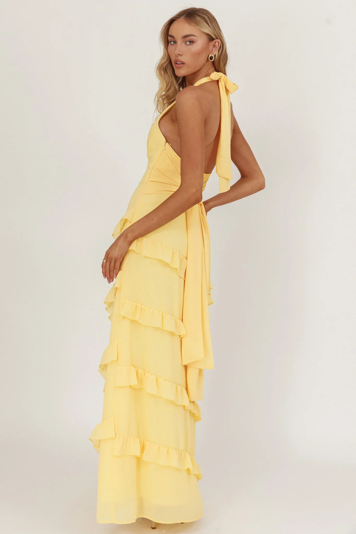 Flirt Frill Trim Halter Maxi Dress Lemon - luluinthesky