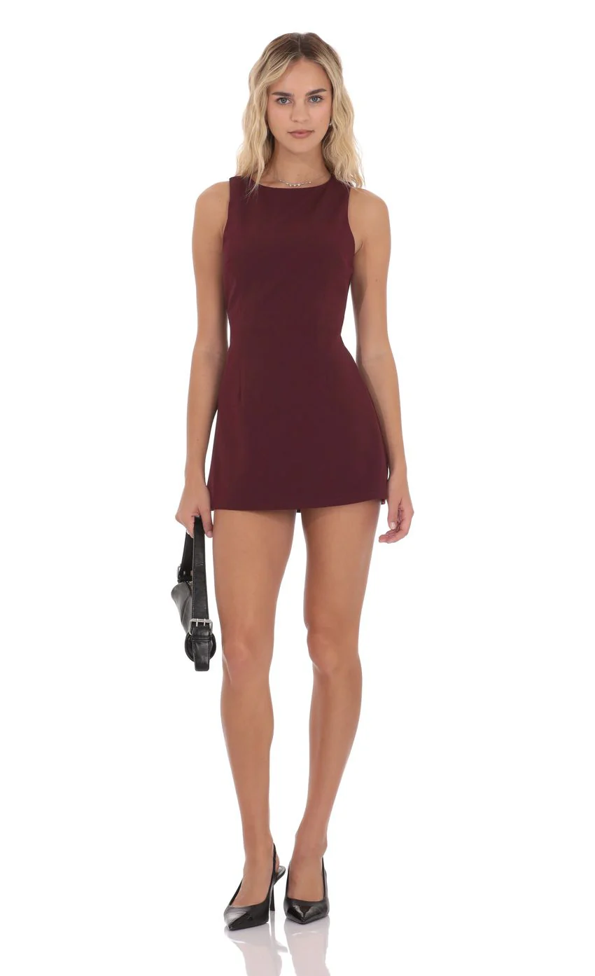 High Neck Back Tie Romper in Burgundy - luluinthesky