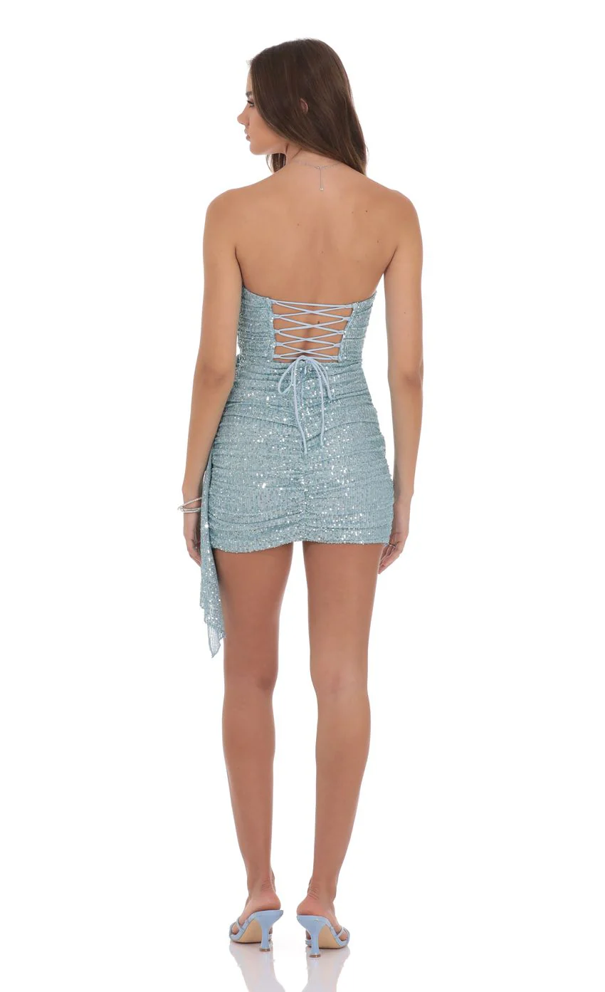 Strapless Sequin Tassel Corset Dress in Light Blue - luluinthesky