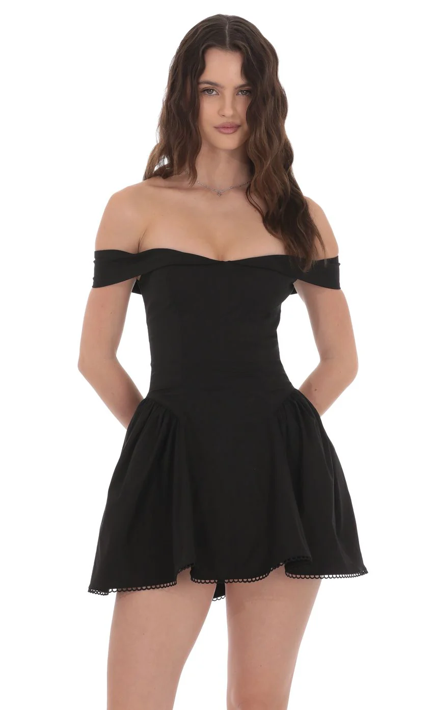 Off Shoulder Fit and Flare Dress in Black - luluinthesky