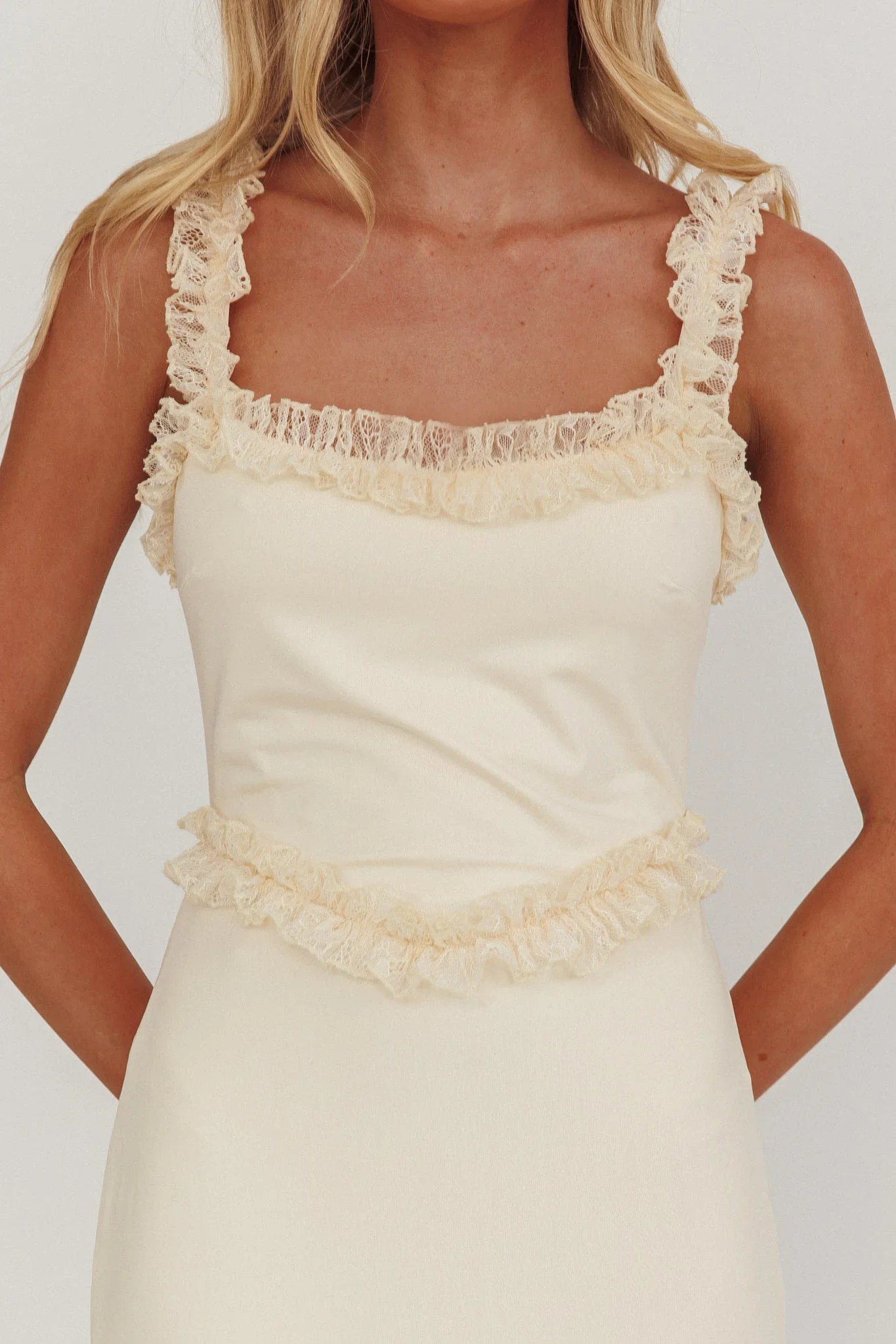 Olivera Lace Frill Trim Maxi Dress Cream - luluinthesky