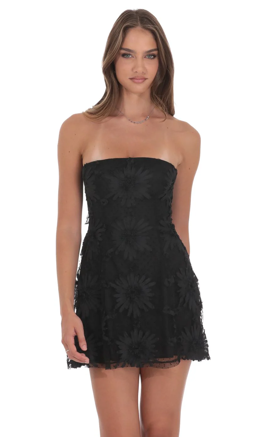 Floral Strapless Fit and Flare Dress in Black - luluinthesky
