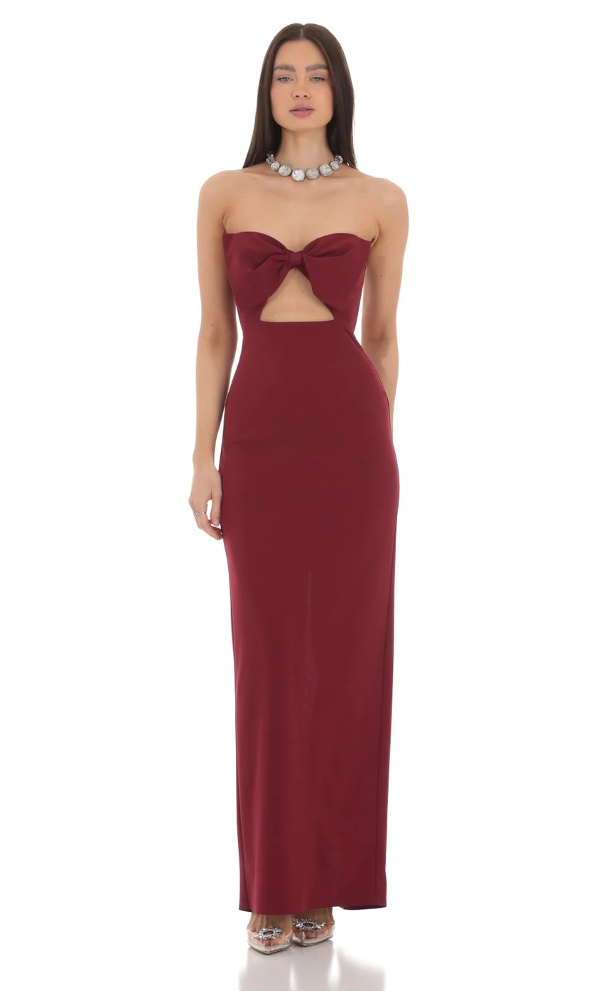 Bow Cutout Strapless Maxi Dress in Maroon - luluinthesky