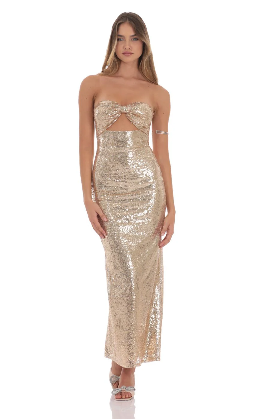 Sequin Bow Cutout Maxi Dress in Gold - luluinthesky