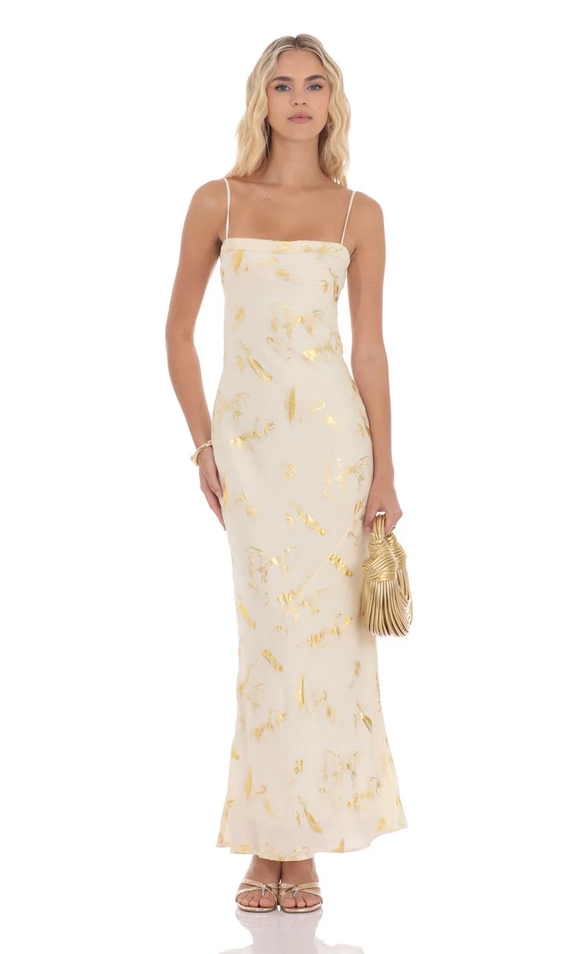 Butterfly Foiled Open Back Maxi Dress in Cream - luluinthesky