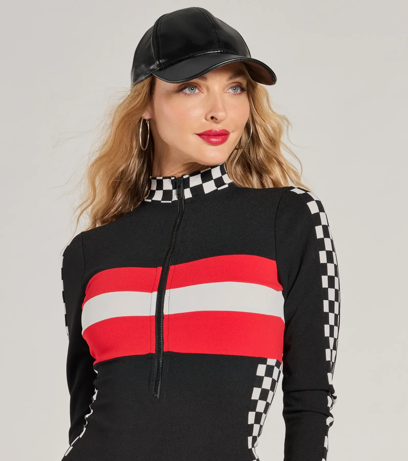 Racing Hottie Long Sleeve Checkered Bodysuit - luluinthesky