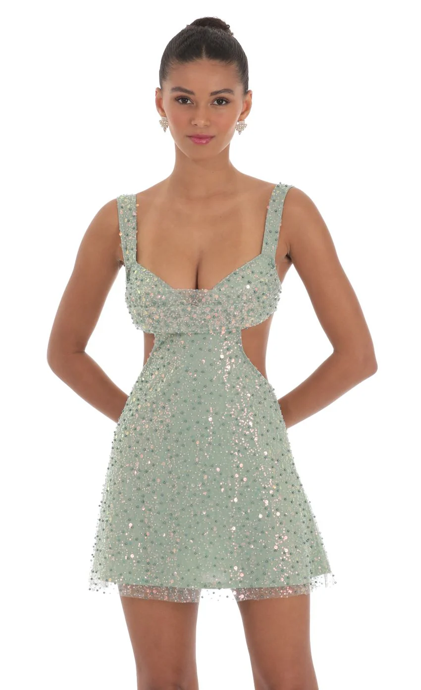 Sequin Pearl Cutout Dress in Green - luluinthesky
