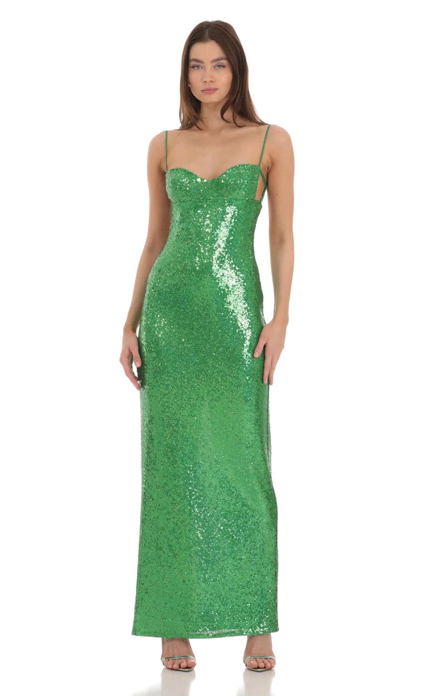 Sequin Open Back Maxi Dress in Green - luluinthesky