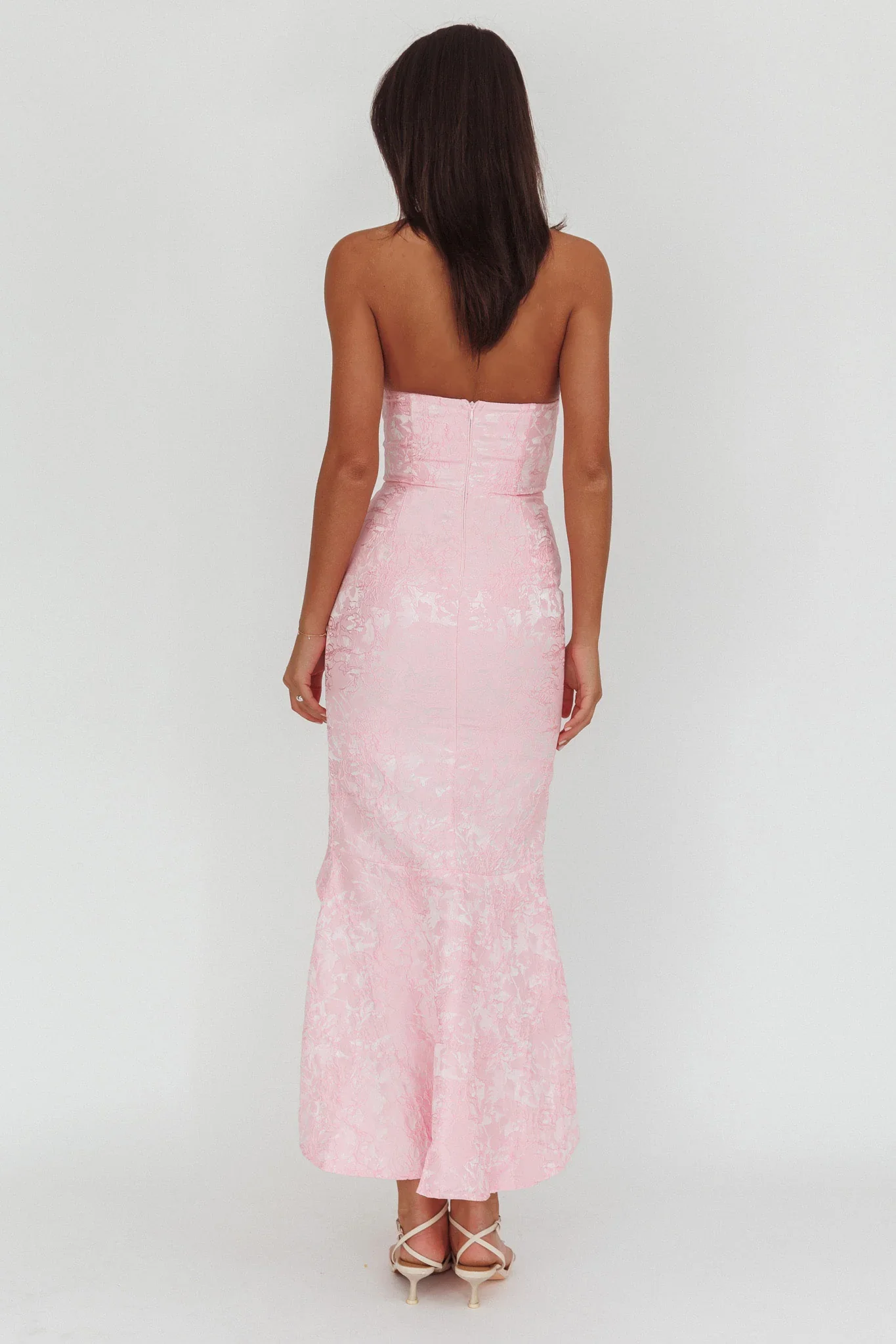 Corin Strapless High-Low Hem Maxi Dress Jacquard Pink - luluinthesky