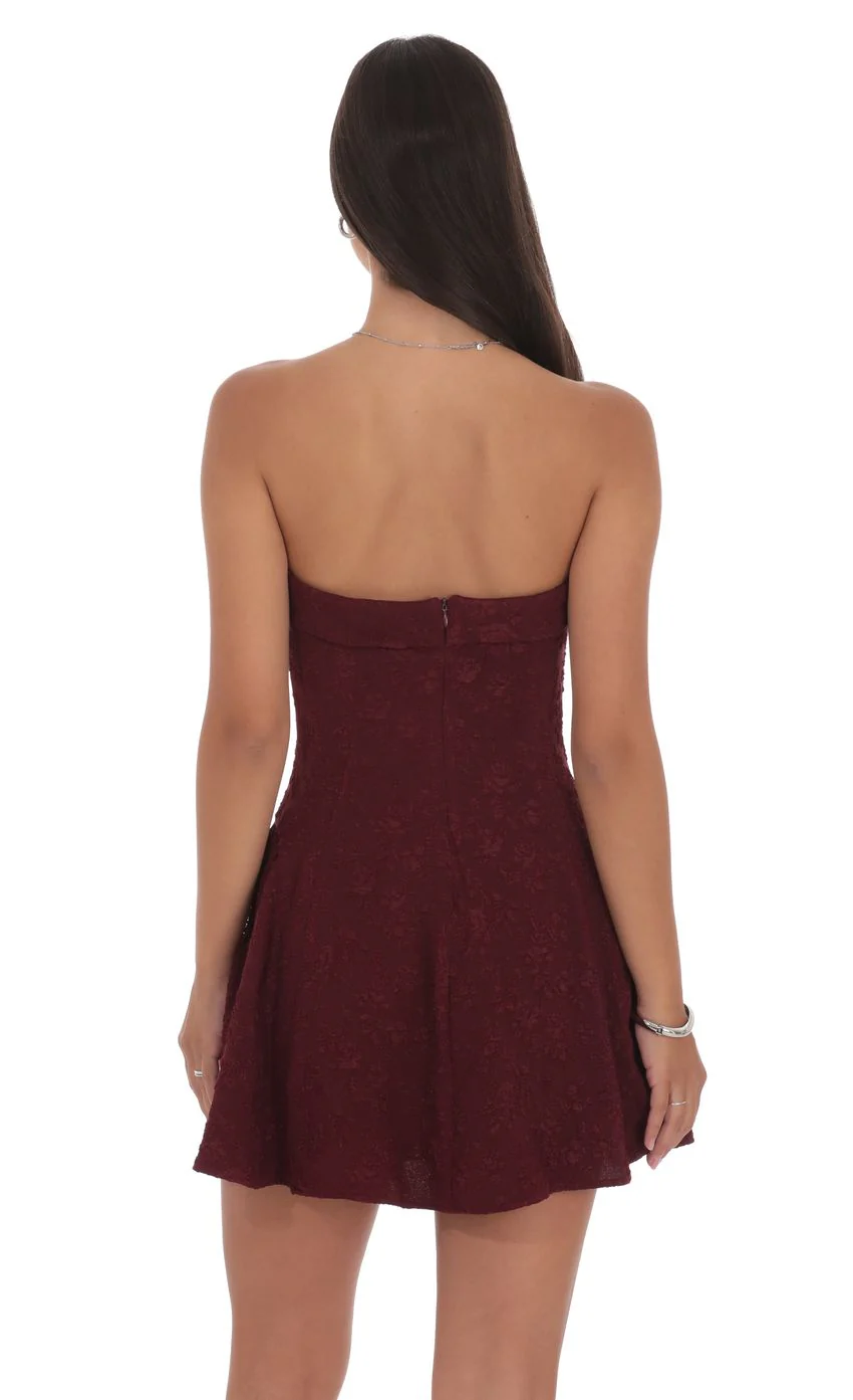 Jacquard Strapless Flare Dress in Burgundy - luluinthesky