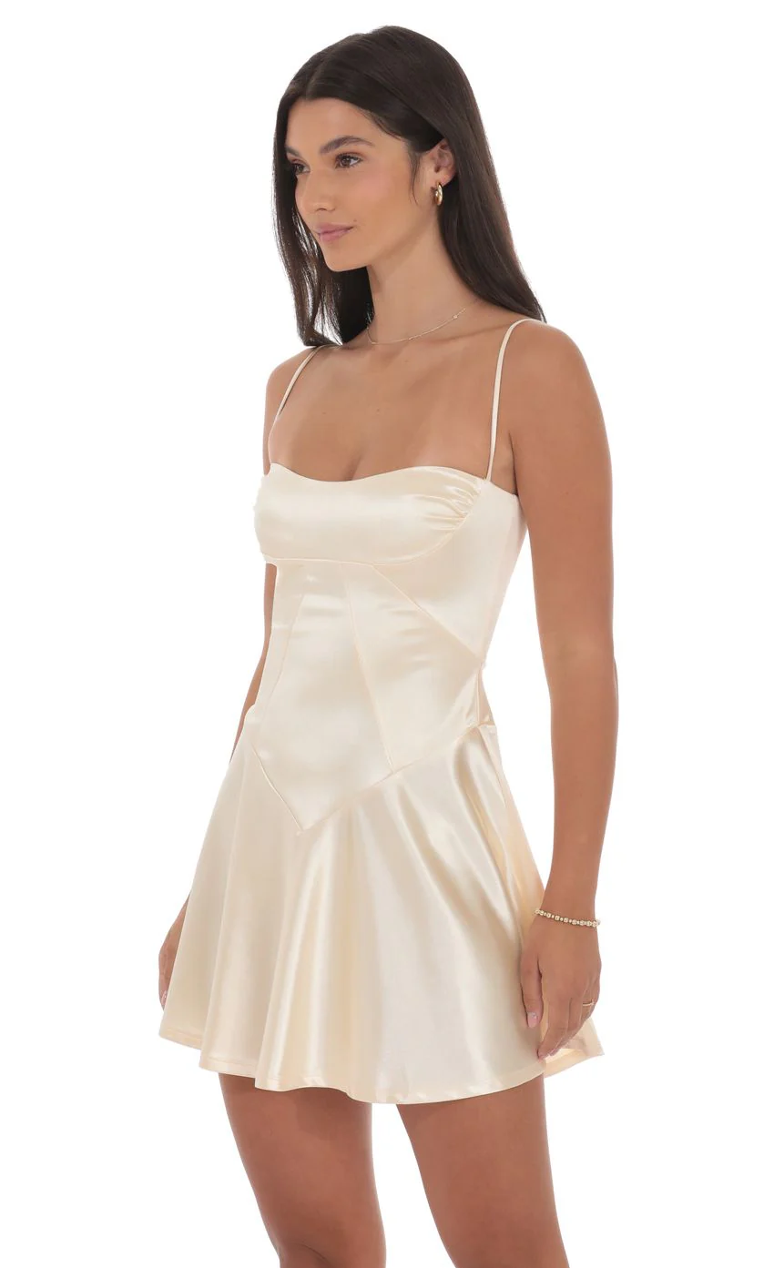 Satin V-Drop Waist Dress in Champagne - luluinthesky