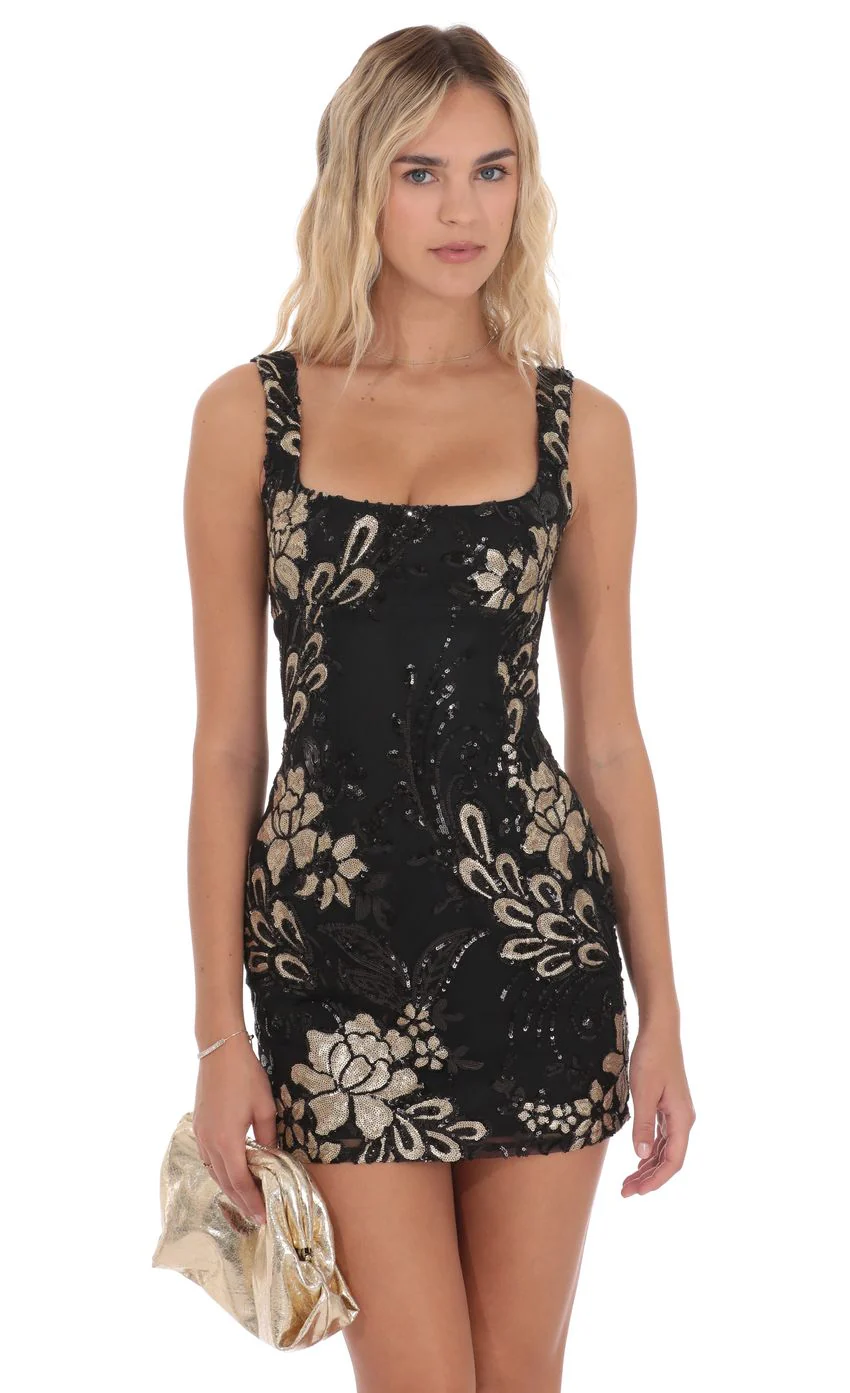 Sequin Floral Open Back Bodycon Dress in Black - luluinthesky