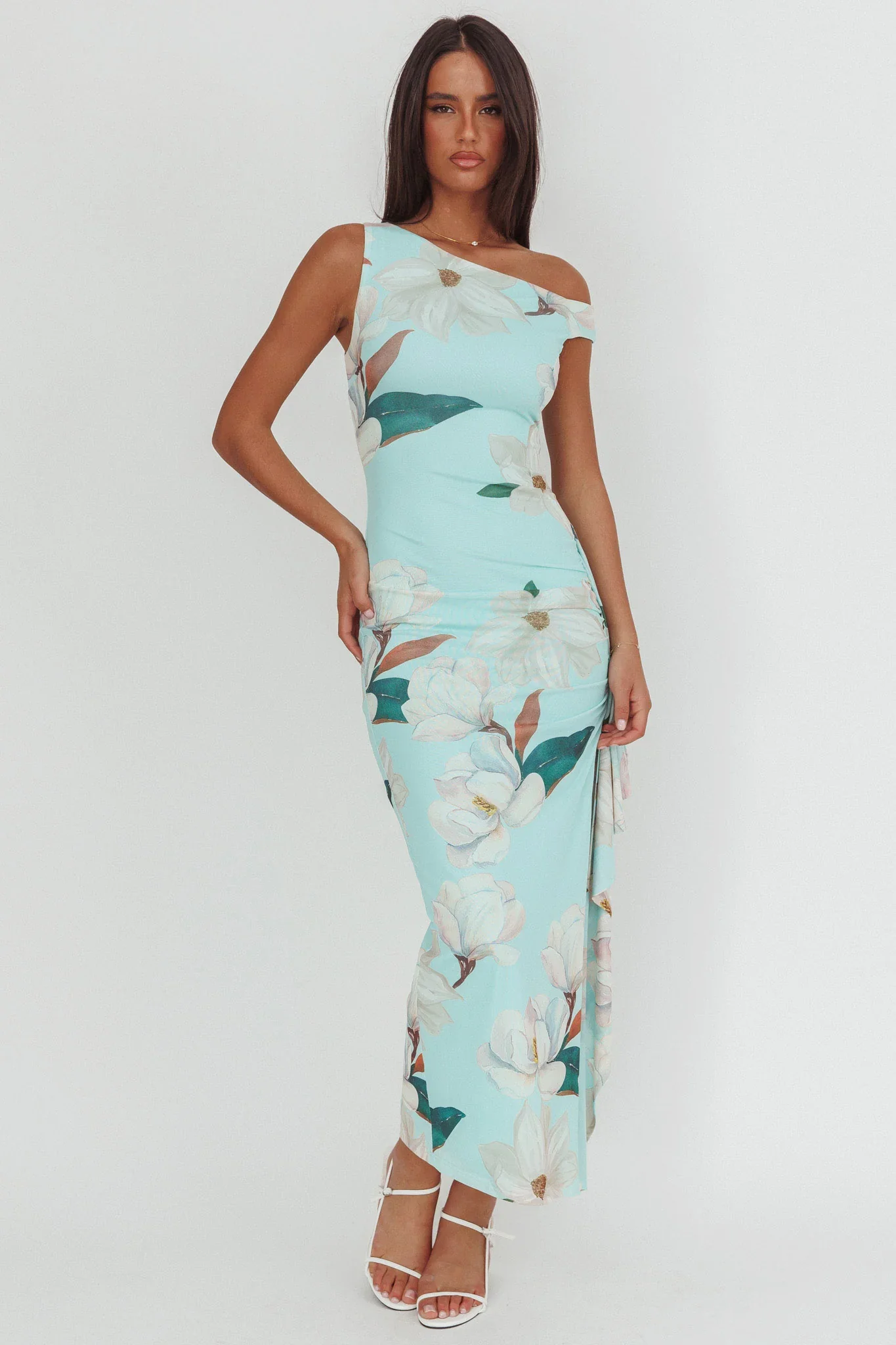 Raphaella Asymmetric Neckline Split Maxi Dress Magnolia Mint - luluinthesky