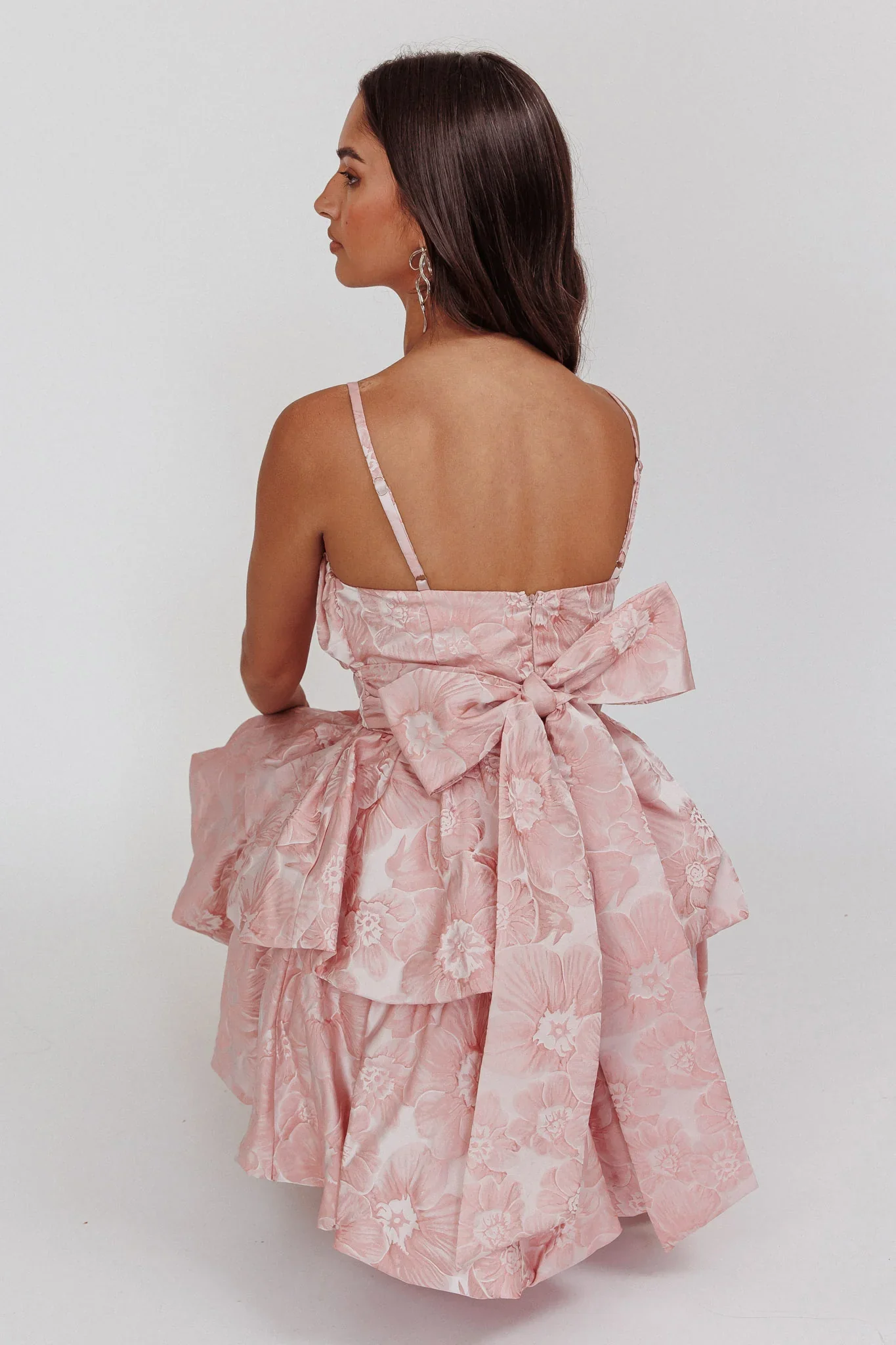 Zilara Bubble Hem Bow Dress Jacquard Pink - luluinthesky