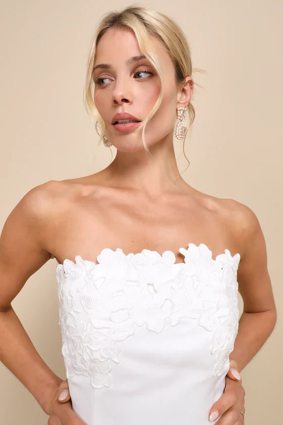 Unforgettable Icon White Satin Strapless Floral Mini Dress - luluinthesky