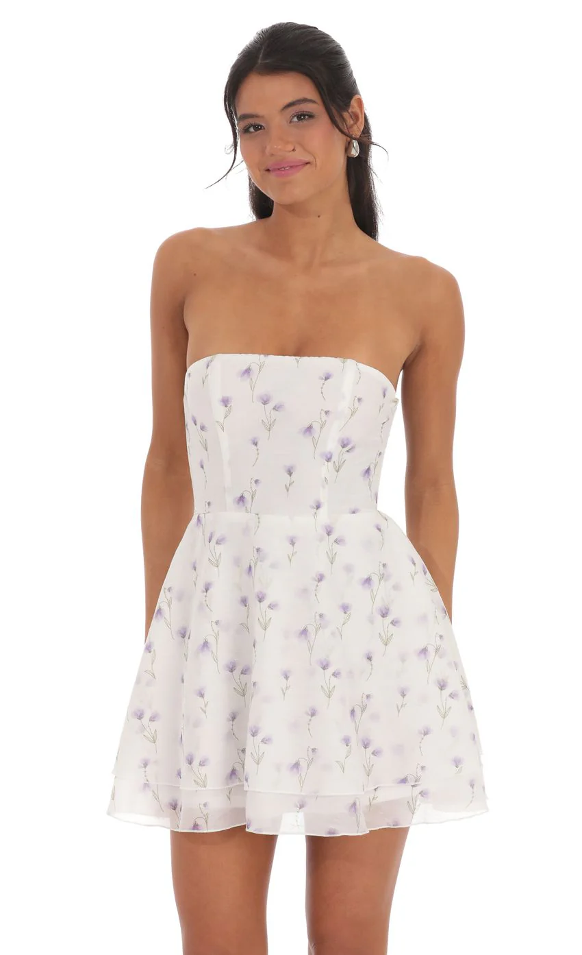 Floral Sheen Strapless A-line Dress in White - luluinthesky