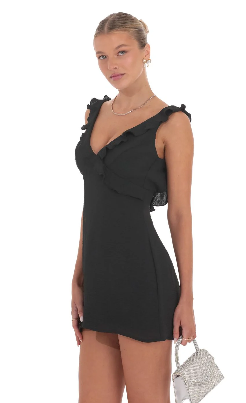 Ruffle V-Neck Dress in Black - luluinthesky