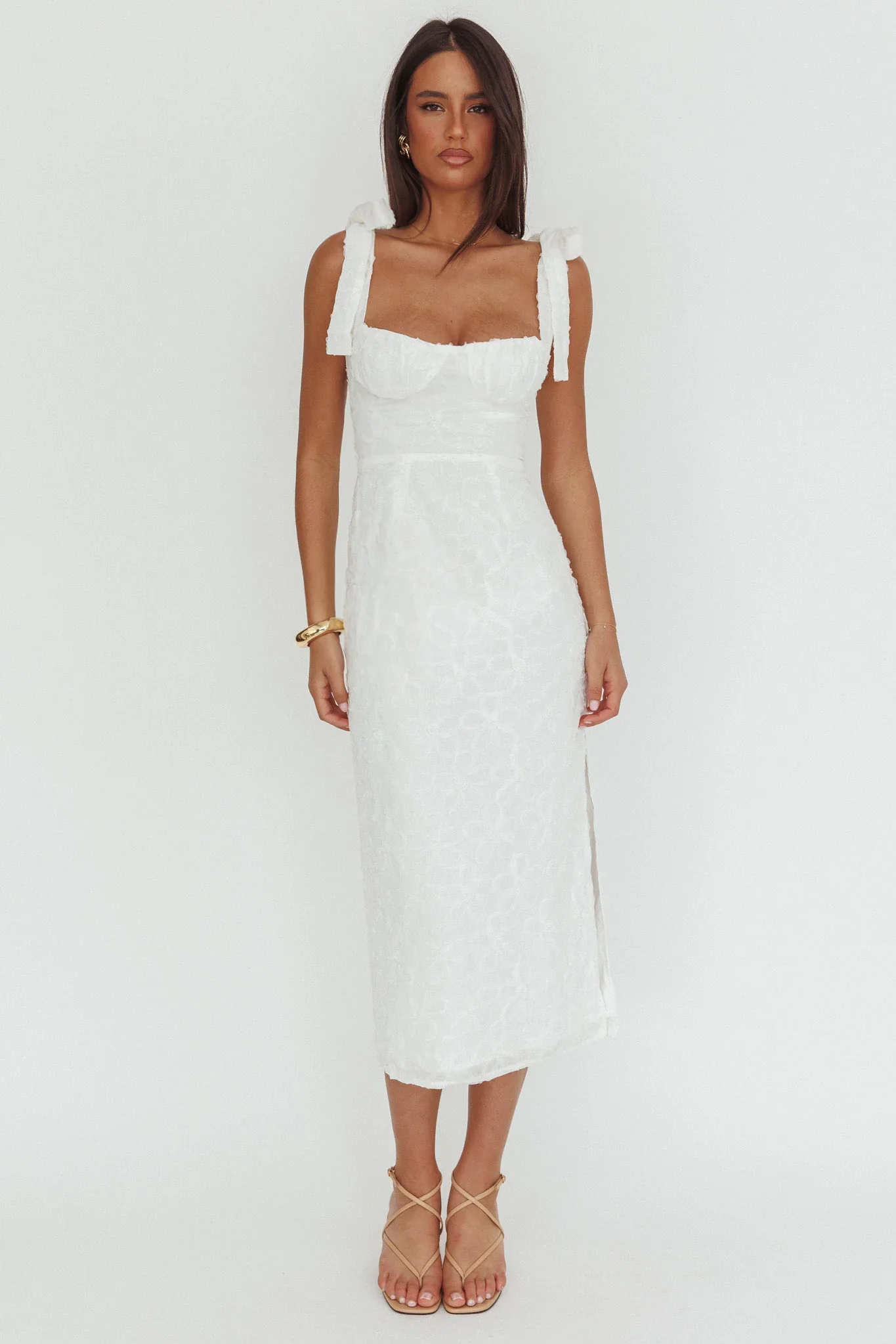 Cupid Tied Shoulder Embellished Midi Dress White - luluinthesky