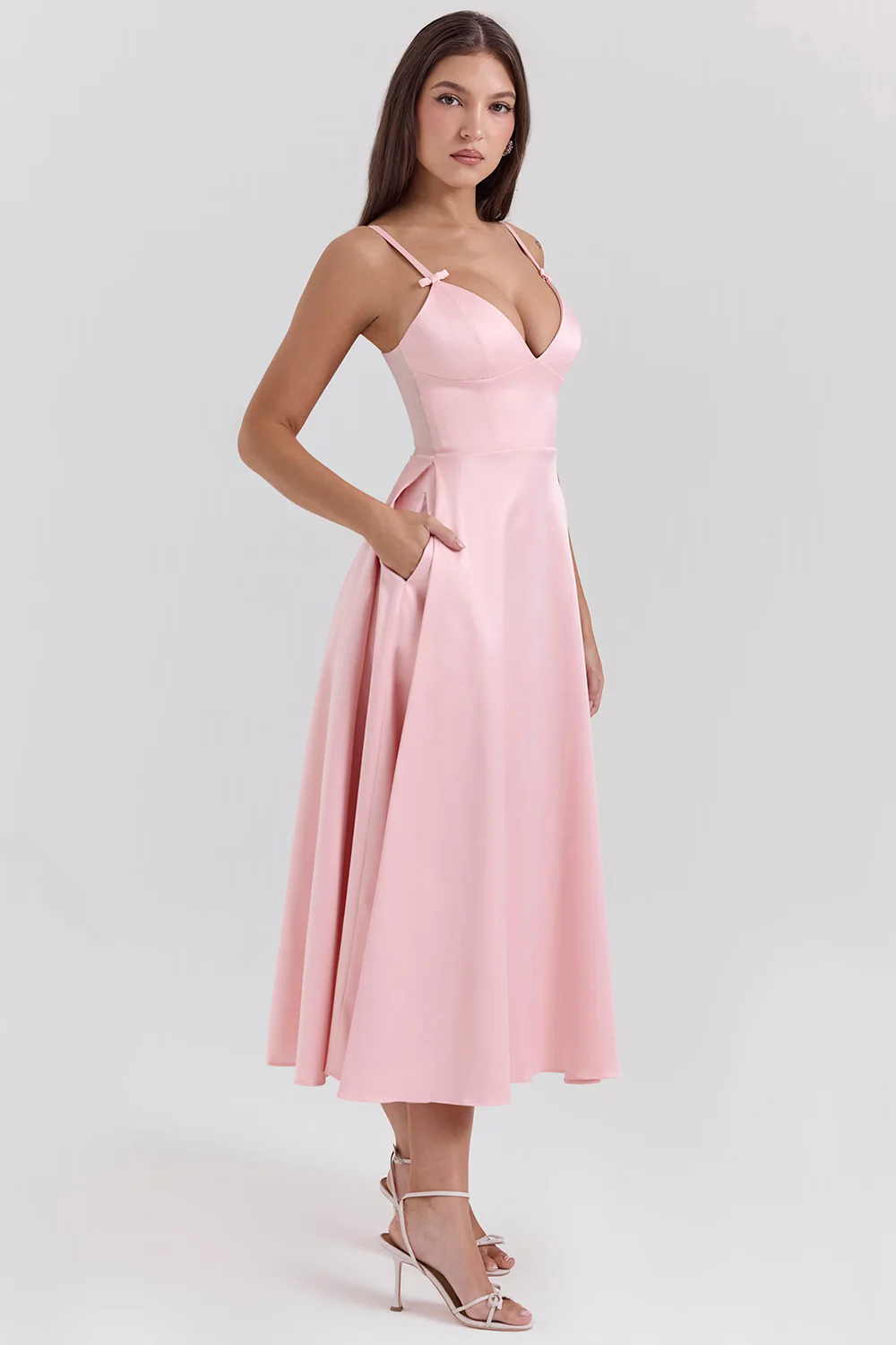 Parisian Pink Satin A-line Midi Dress - luluinthesky