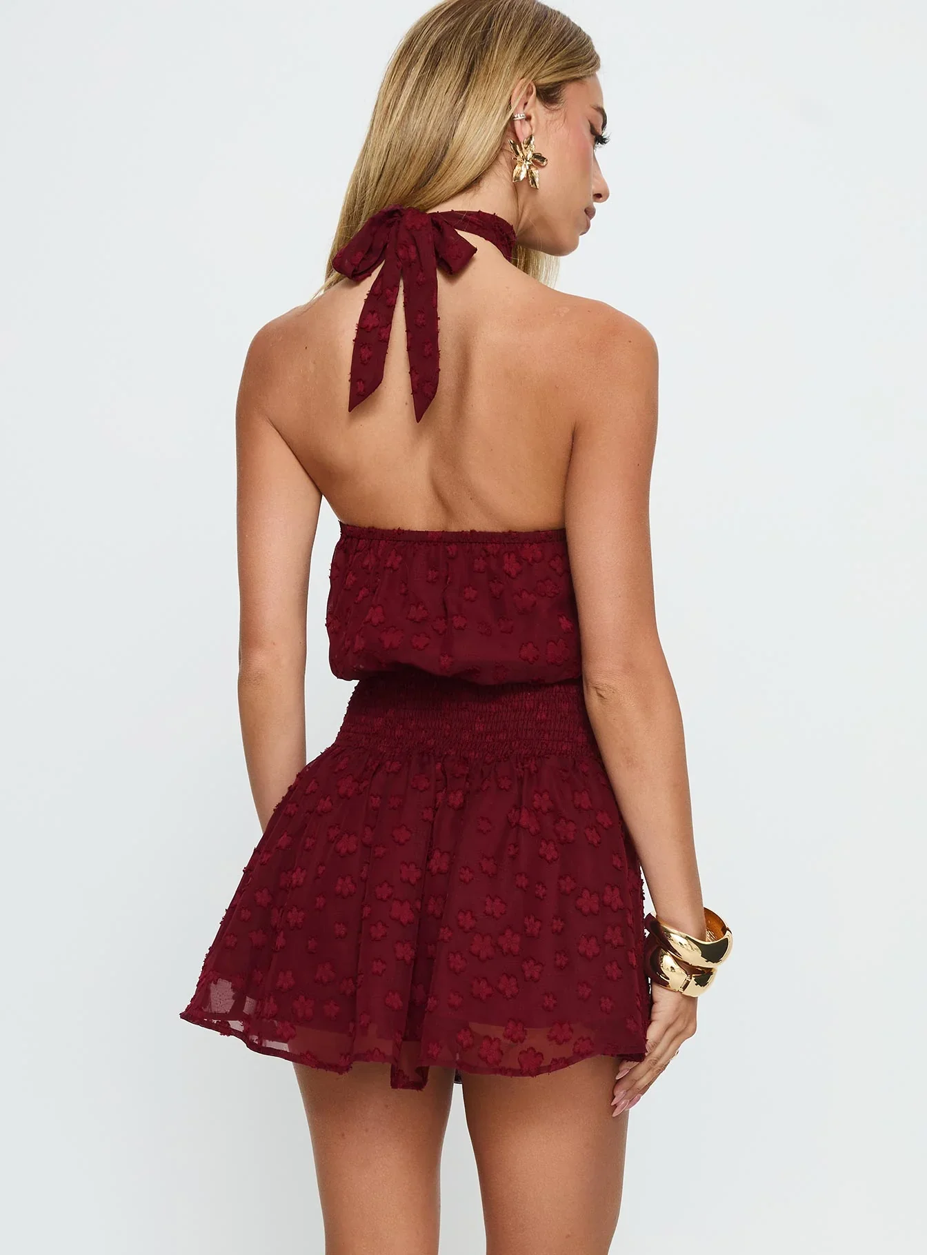 Eurythmic Scarf Halter Mini Dress Burgundy Jacquard - luluinthesky