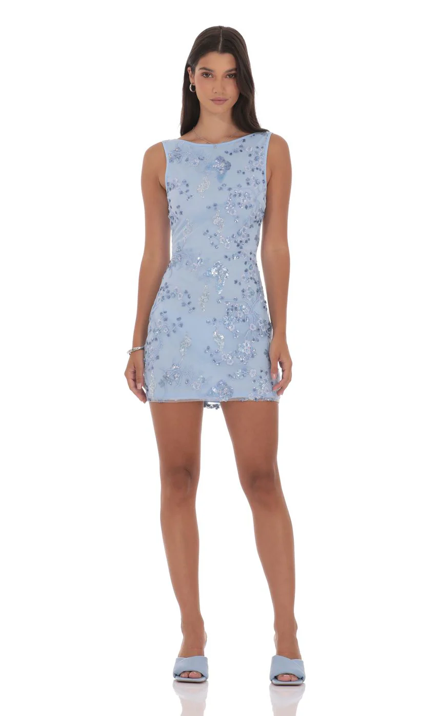 High Neck Floral Bodycon Dress in Light Blue - luluinthesky