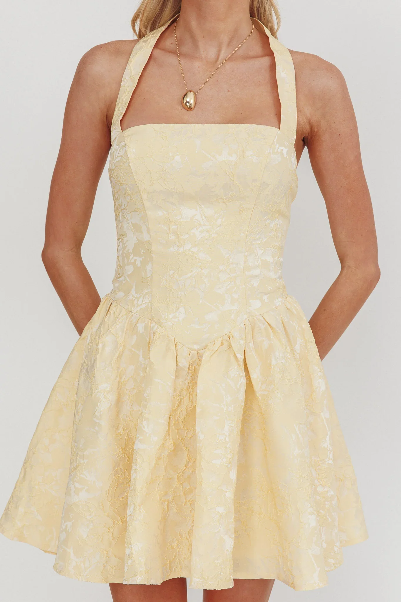 Serrah Halter Mini Dress Jacquard Butter - luluinthesky