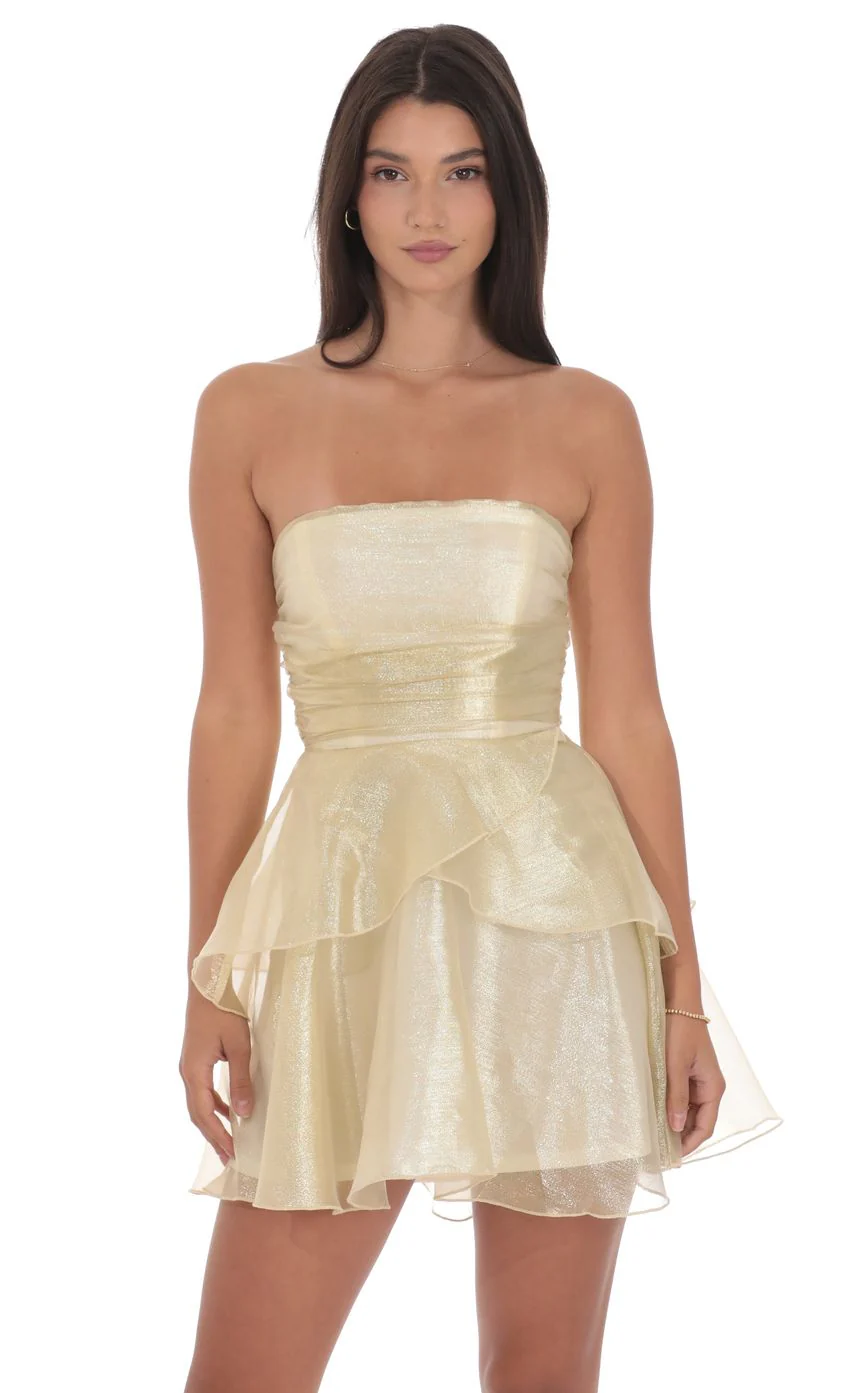 Petal Ruffle Strapless Dress in Gold - luluinthesky