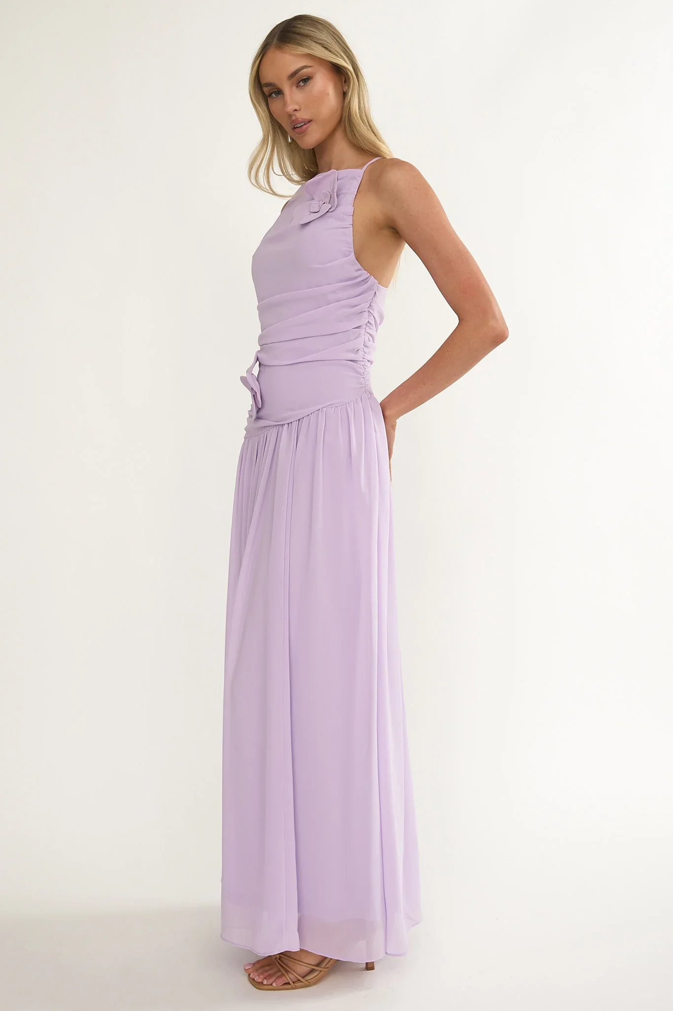 Brighten Drop Waist Flower Accent Maxi Dress Lilac - luluinthesky