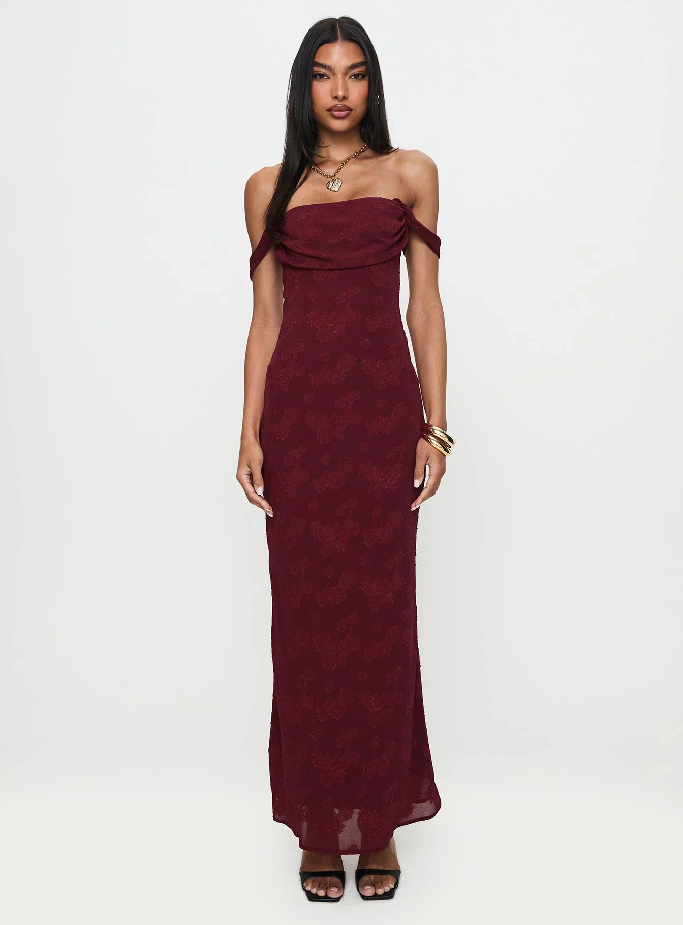 Azura Off The Shoulder Maxi Dress Burgundy - luluinthesky