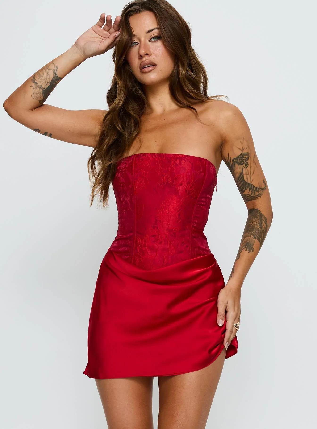 Jenevieve Strapless Drape Mini Dress Red - luluinthesky