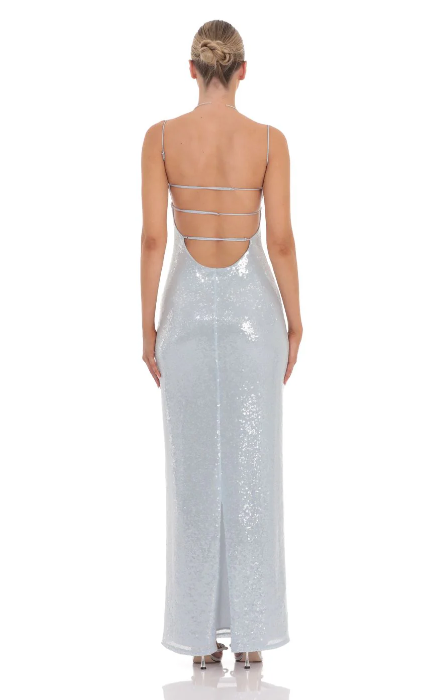 Sequin Open Back Maxi Dress in Icy Blue - luluinthesky